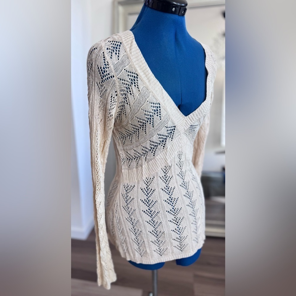 CACHE V Neck Crochet Knit Tussah Silk Long Sleeve Top Y2K 90s Style Women’s L